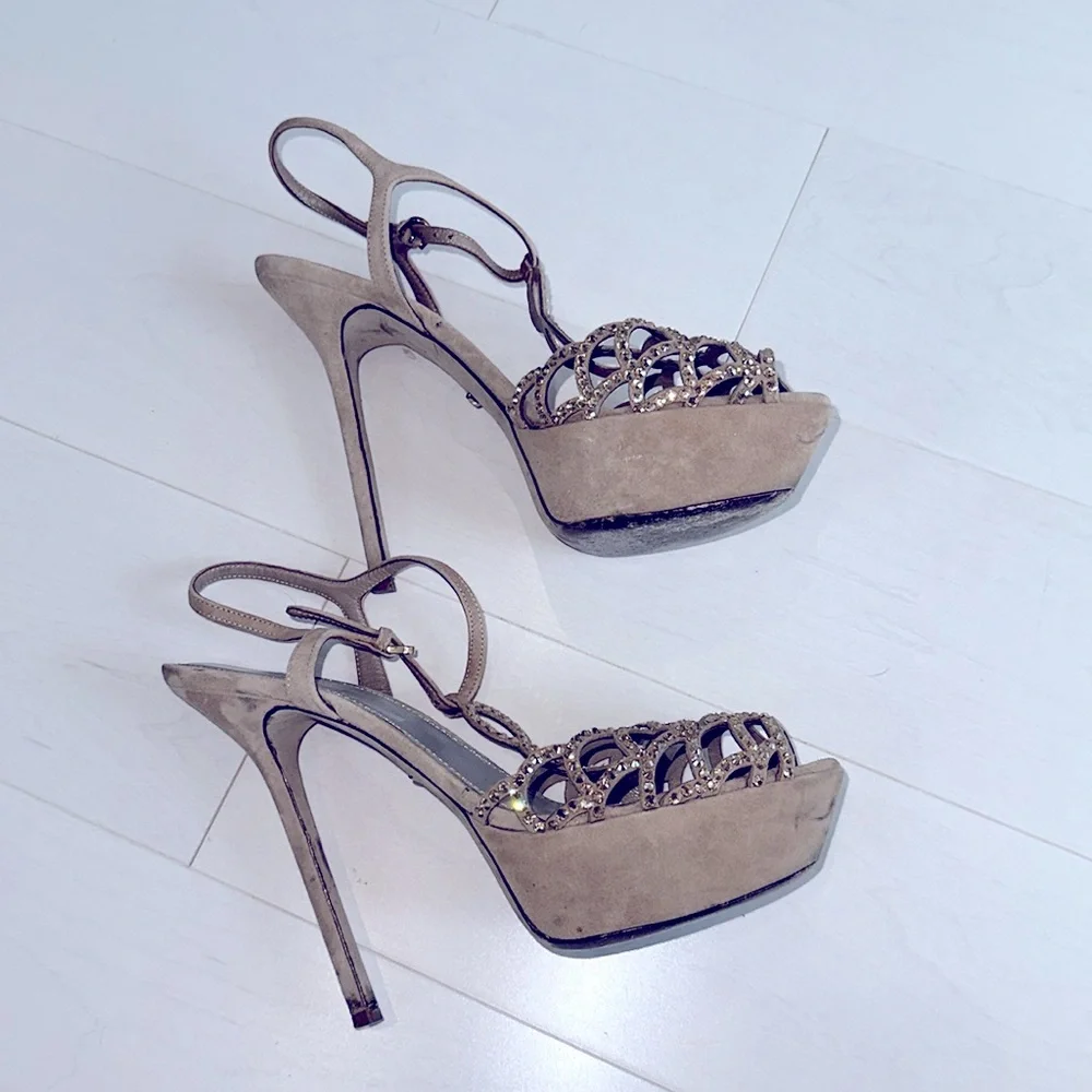 Sergio Rossi Beige Suede Rhinestone Embellished Platform Stiletto Sandals